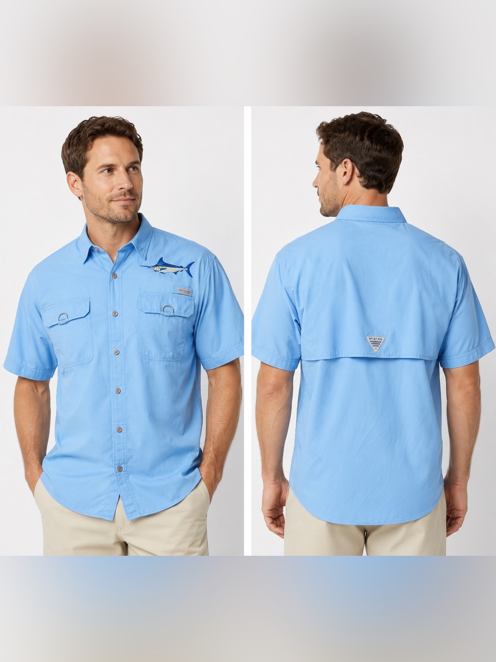 Columbia Light Blue Short-Sleeve Button-Down Fishing Shirt with Marlin - XL